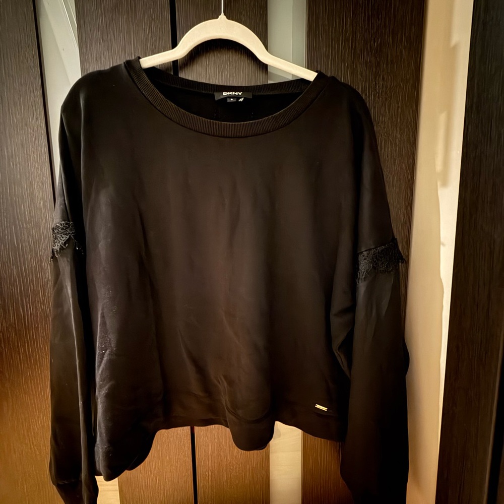 DKNY Black Sweater With Black Lace Accent Sleeve Size XL